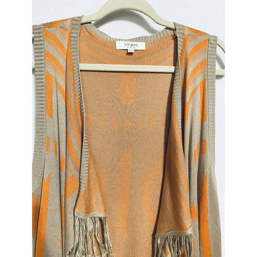 Umgee Womens Small Medium Sleeveless Tribal Fringe Sweater Vest Tan Orange Boho - Picture 3 of 7
